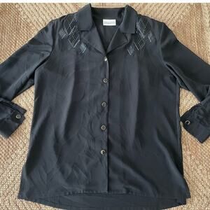 Vtg. Philippe Marques Black long sleeve Blouse SZ 12 bedazzled